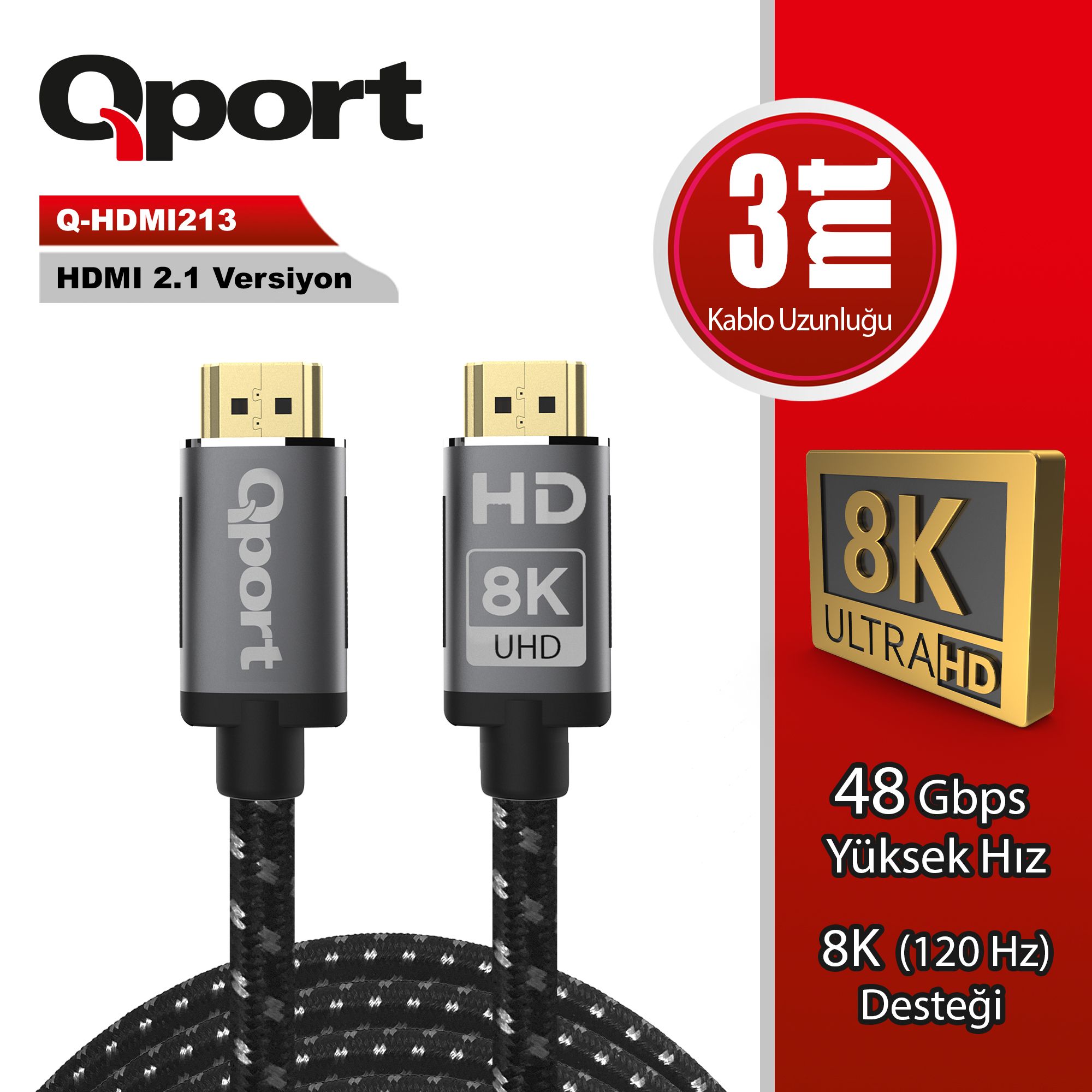 Qport Q-HDMI213 3m HDMI 2.1V 8K örgülü altın uçlu