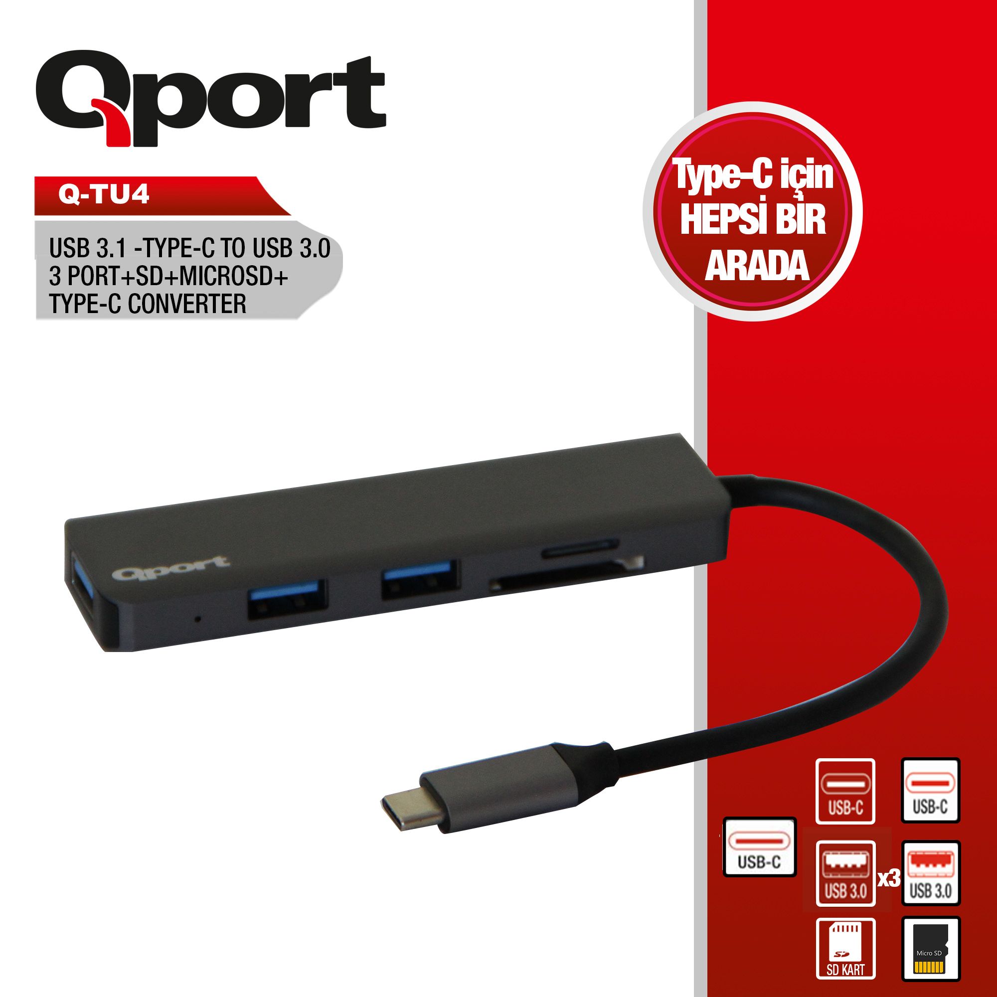 Qport Q-TU4 Tip-C=>USB3.0+SD+MSD+Tip-C(D)çevirici