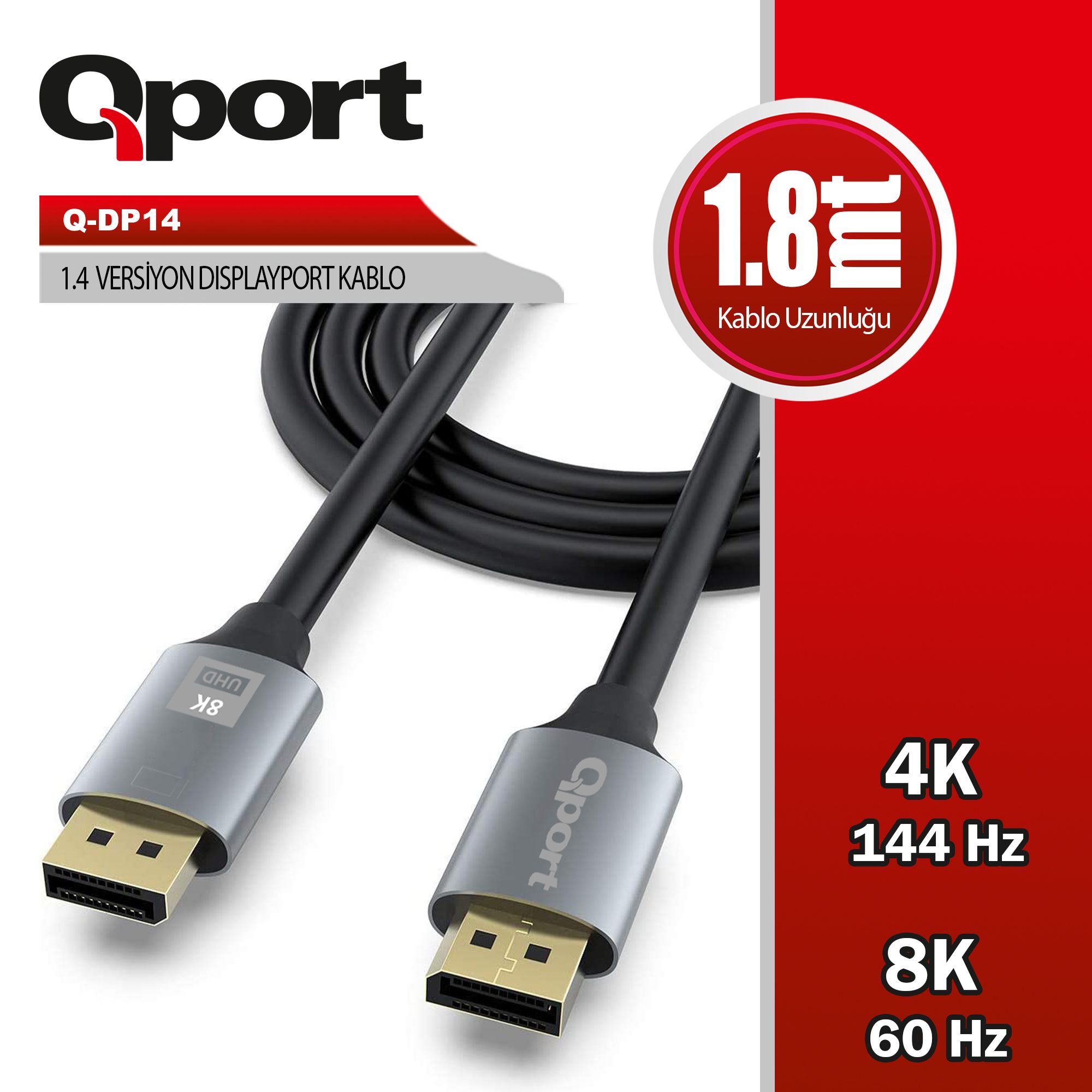 Qport Q-DP14  1,8m Displayport 1,4V kablo