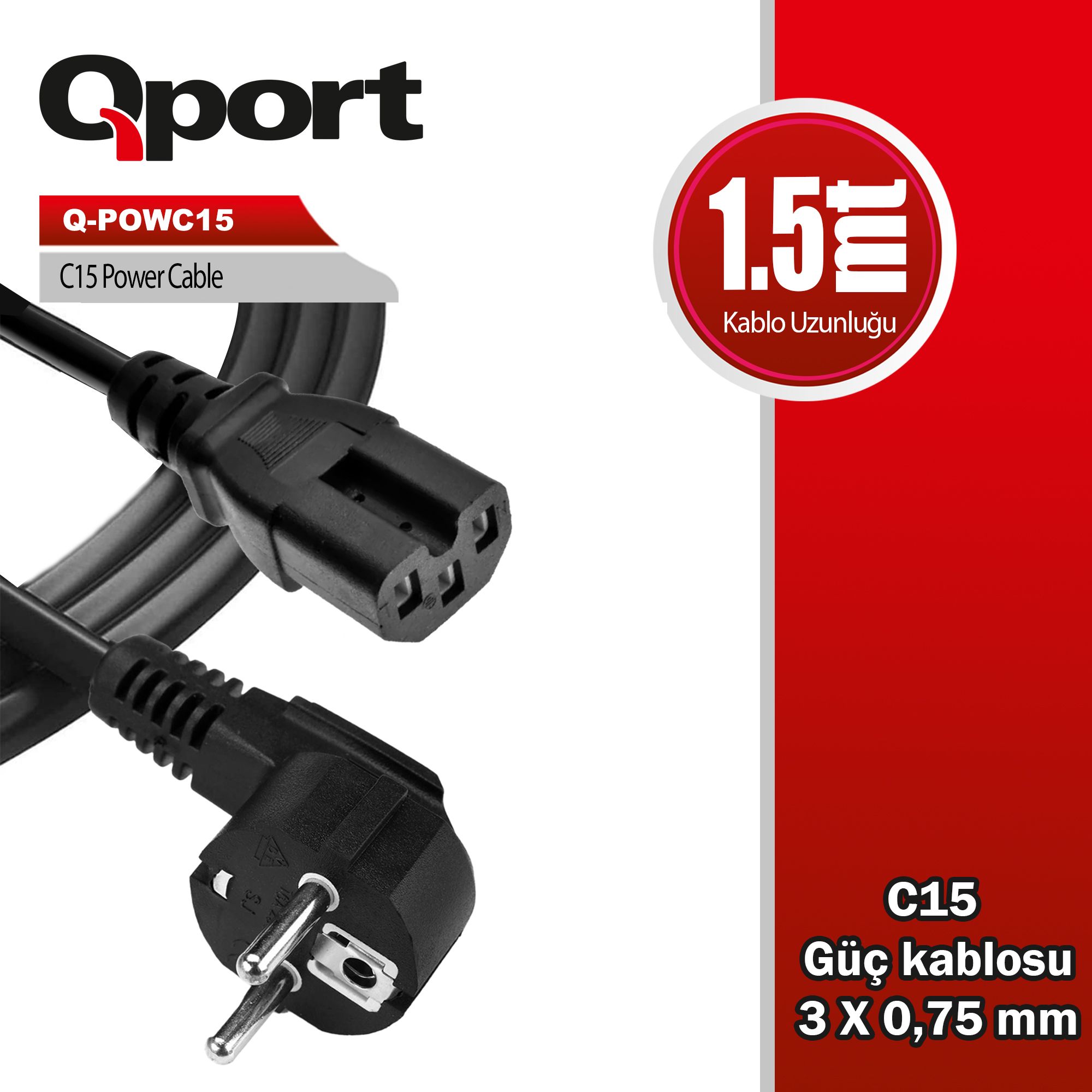 Qport Q-POWC15 1.5m C15 3*075mm power kablosu